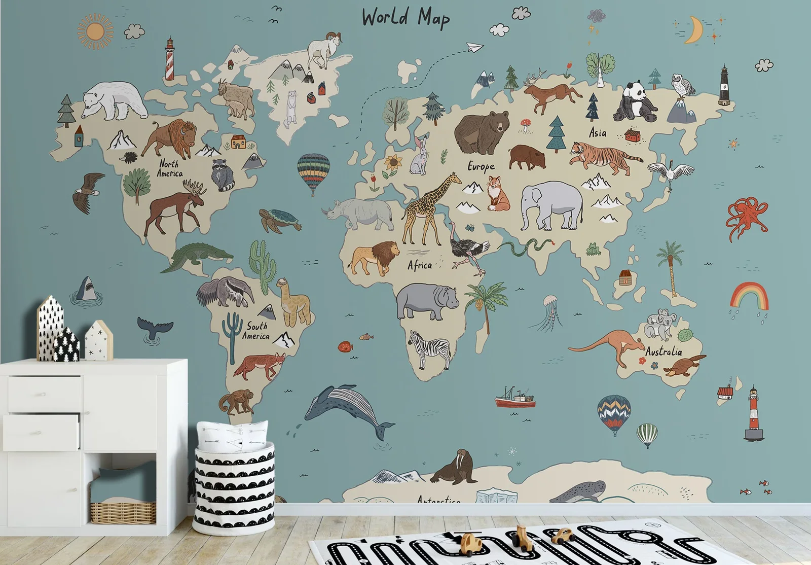 Large Size Child Map Wallpaper,Traditional Non-woven World Map Wall Mural With Little Animals For Kids Room Decoration,NO PVC