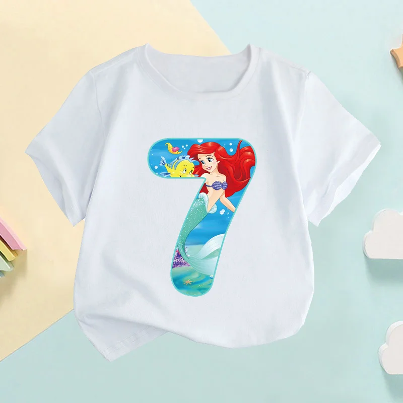 The Little Mermaid Ariel Princess Number Kids T shirt Girls Clothes 1 2 3 4 5 6 7 8 9 Years Birthday Baby Boys T-Shirts,HKP2764