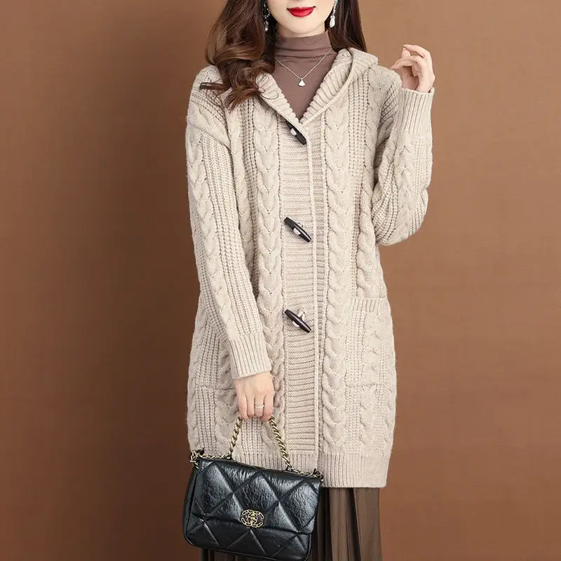 

Large Size New Autumn Winter Thicken Sweaters Fashion Hooded Knitted Outerwear Women's Cardigan Sweater Knitting Jacket