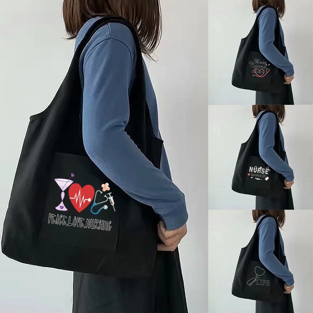 Canvas Bag Girl Travel Environmental Protection Foldable Grocery Storage Bag Ladies Print Portable Messenger Shoulder Bags