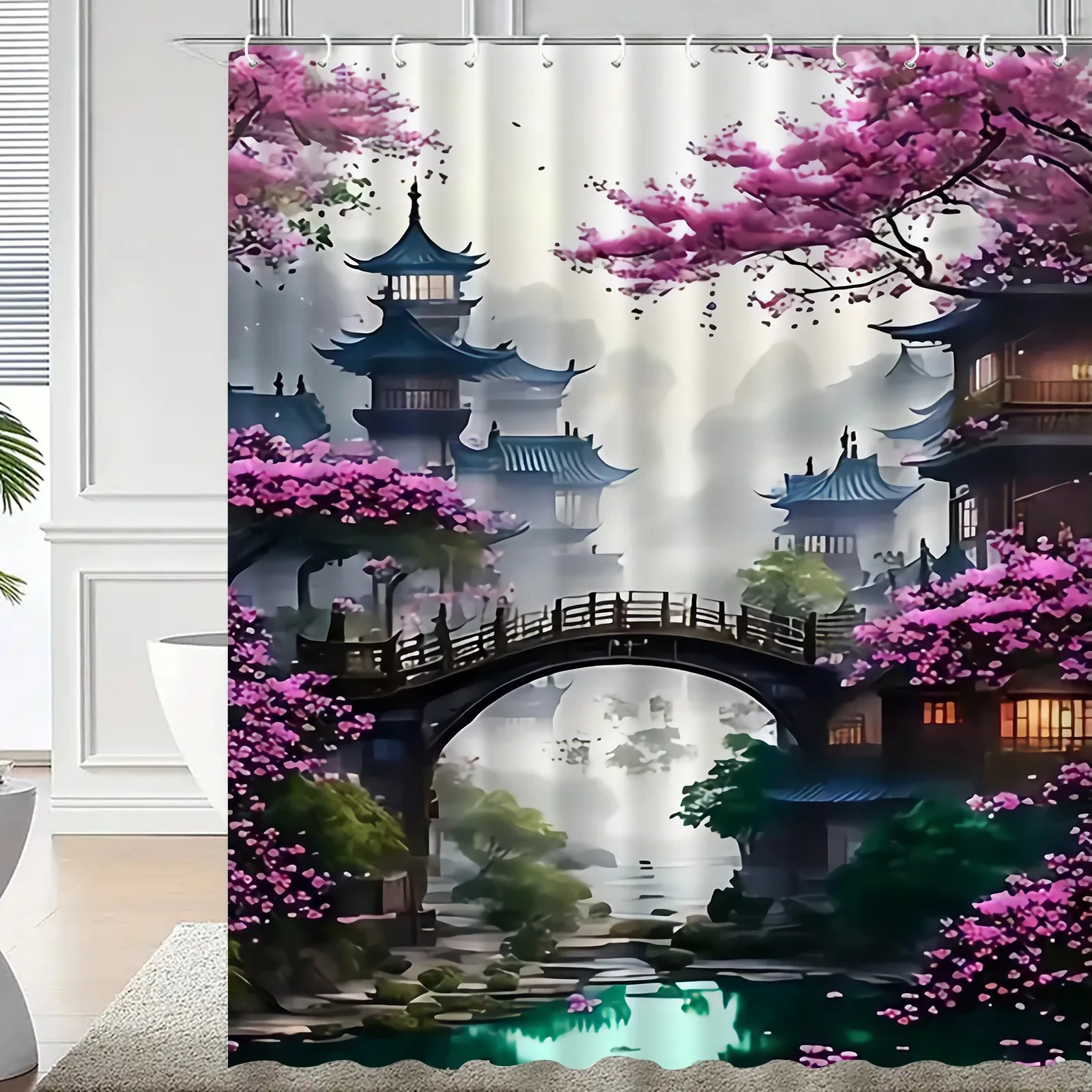 

Занавеска для душа с пейзажем горного и водного двора, моющаяся грязеотталкивающая насадка для душа, водонепроницаемая полиэстеровая занавеска для ванны