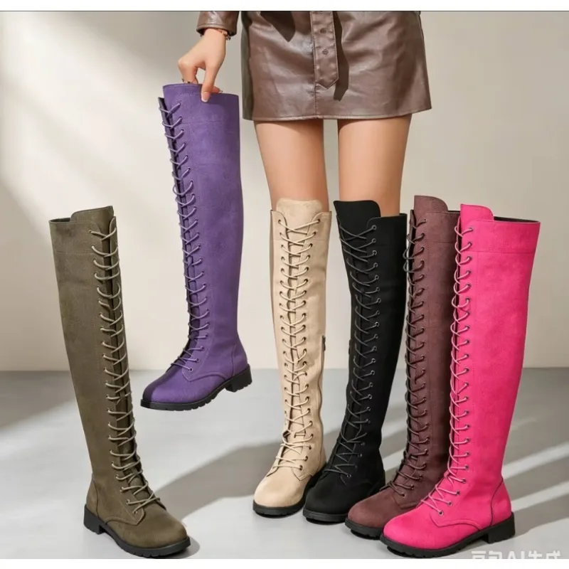 Large-size Women's Over-the-knee Leather Boots with Adjustable Straps, Suitable for All Occasions, Classic Knight Boots