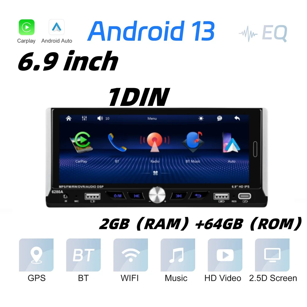 

Автомобильный радиоприемник 6,9 дюйма, автомагнитола 2.5D IPS Android 13,0, 1 Din, мультимедийный плеер в центре, 2 Гб + 64 ГБ, GPS, стерео, Bluetooth, Carplay, Android