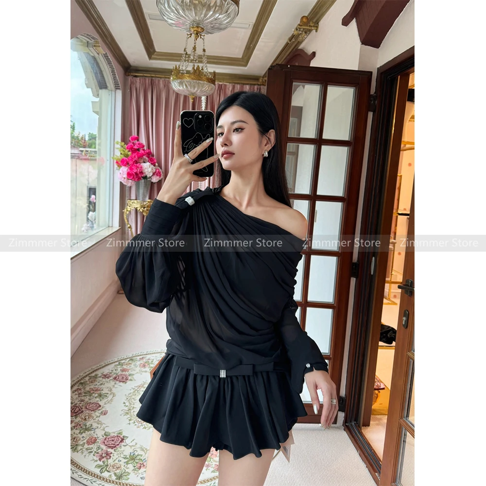 New Women's 2024 Early Autumn Bow Decoration Drawstring See-Through Top Pod Skirt Pants Set