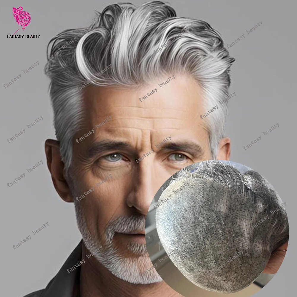 Grey Hair 1B30 1B50 1b80 Full PU Skin Base Human Hair Men's Toupee Undetectable 0.1mm Injected Long Last Brown Capillary Prosthe
