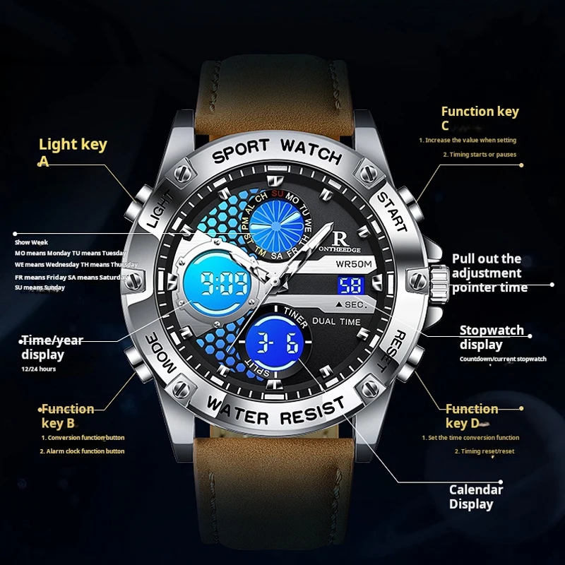2025 جديد ساعة رجالية رياضية ساعة إلكترونية رقمية وظيفة كاملة التوقيت العالمي LED السيارات اليد رفع مصباح مقاوم للماء ساعة للرجال
