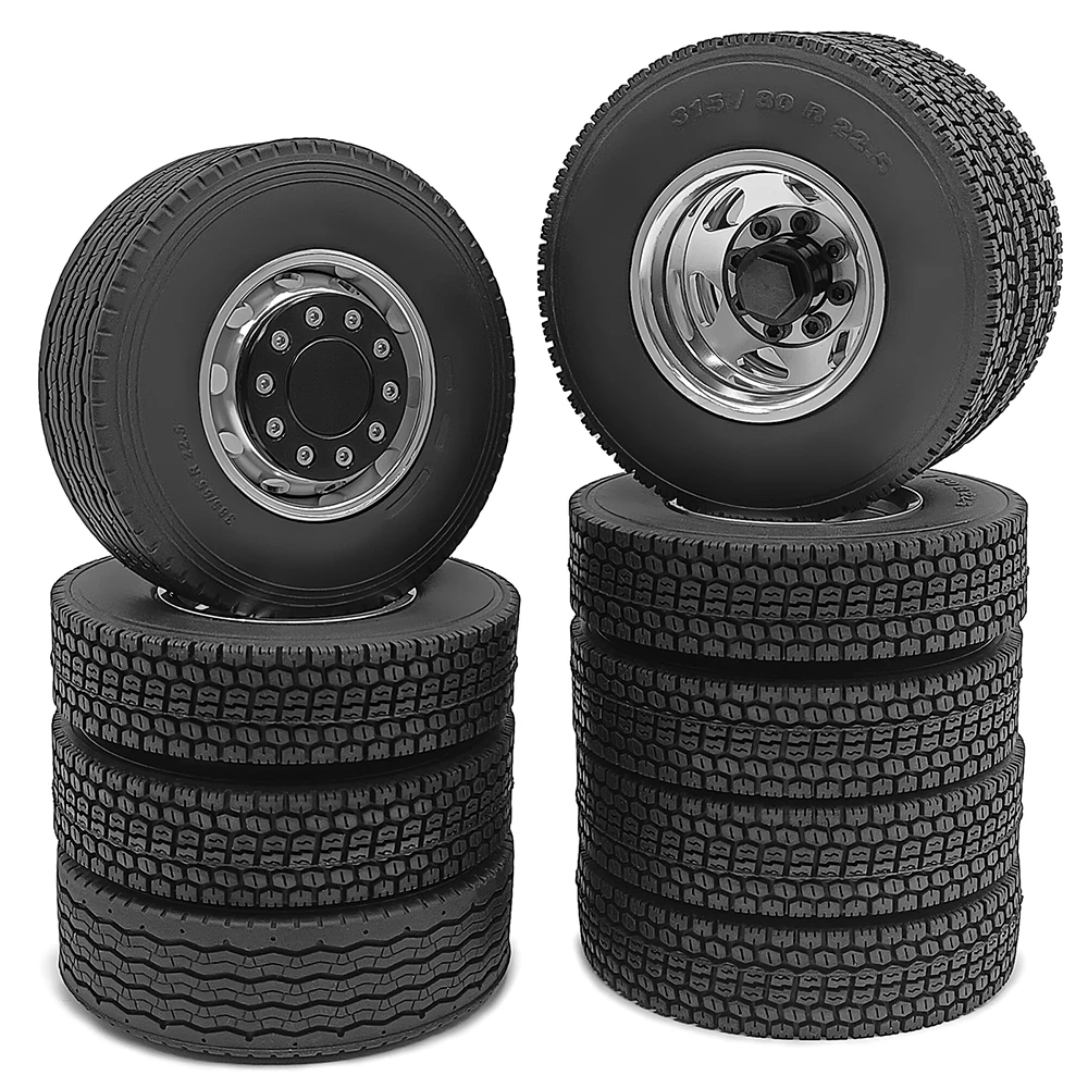 TRINOOD 6PCS Front Rear Wheels Hubs Tires for 1/14 Tamiya 6x6 Truck Tractor Trailer Cargo Engineering Car Parts