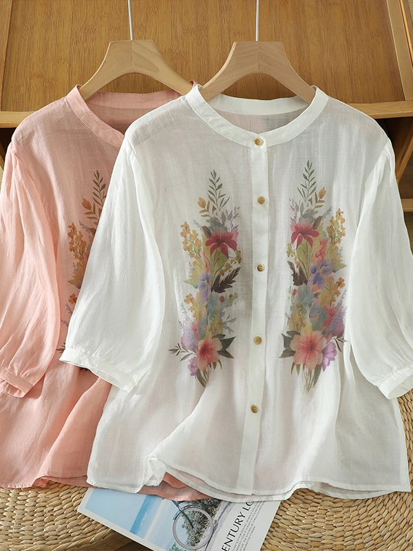 

Korean Japanese High-End Embroidered Shirt Women's Summer Artistic Short Sleeve Thin Trendy Casual Loose Fit Breathable