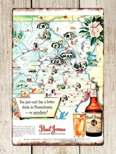 1950 Ad Paul Jones Whiskey Frankfurt Distillers Pennsylvania Map metal tin sign