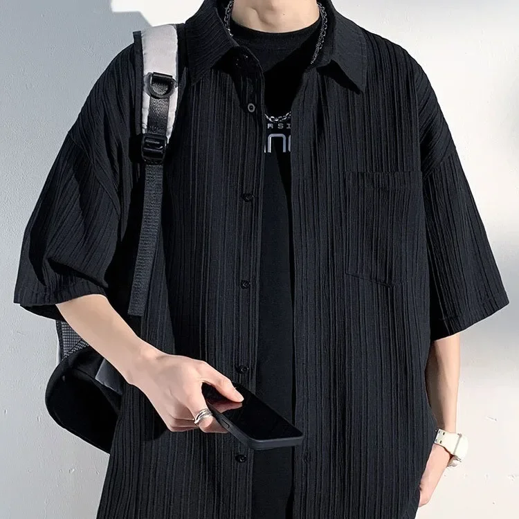 

Корейский стиль, однотонная простая повседневная свободная мужская рубашка, летняя модная рубашка с короткими рукавами, пальто Y2k, японская уличная одежда