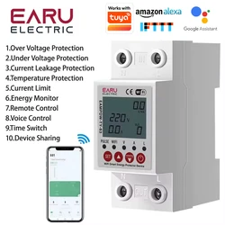 2P 63A TUYA APP WiFi Smart Circuit Earth Leakage Over Under Voltage Protector Relay Device Switch Breaker Energy Power kWh Meter