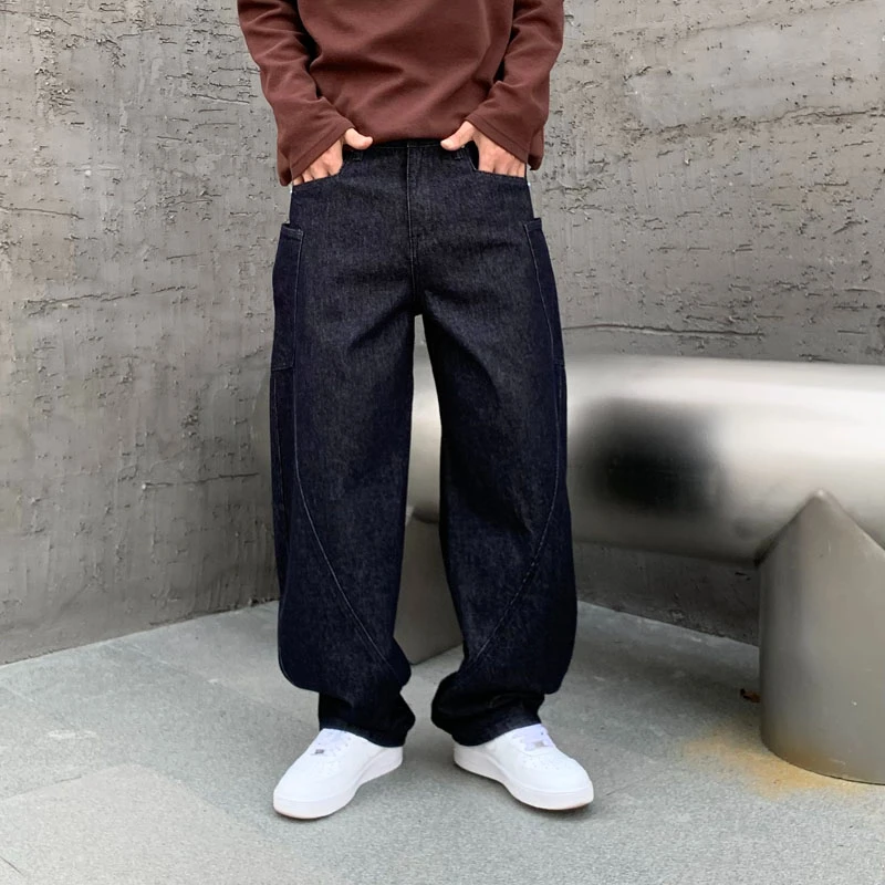 

Durable Black Raw Jeans Men Plain Loosen Wide Leg Baggy Denim Bottoms Male's Classic Work Pants