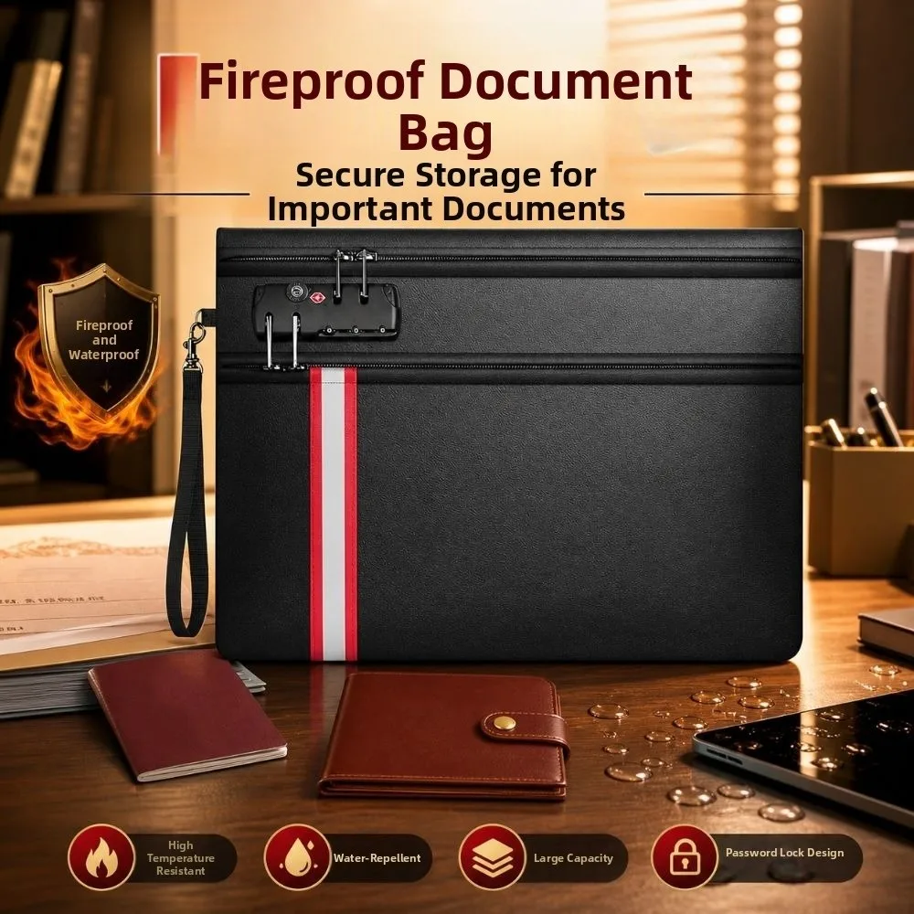 

Lockable Fireproof Document Bag Heat-resistant Waterproof Dual-Zip Cash Pouch Protective Handheld Important File Storage Bag