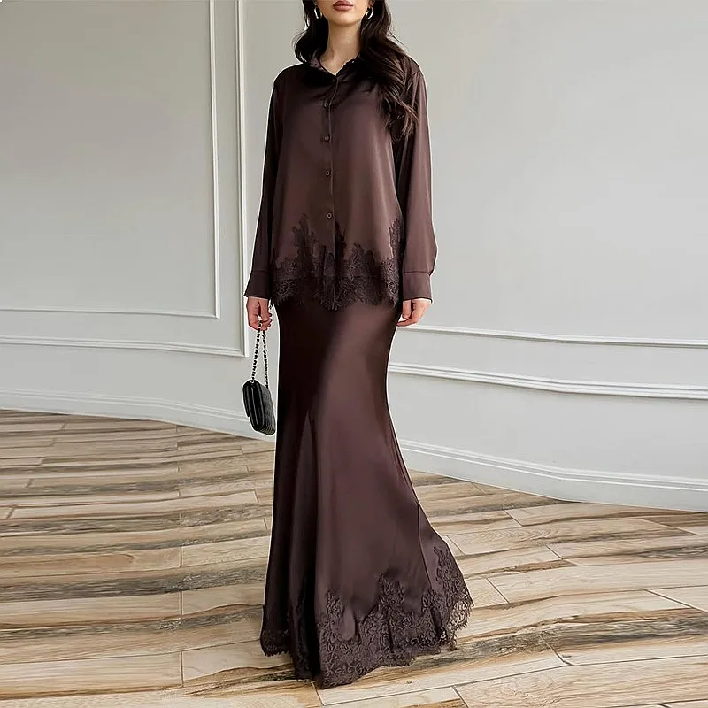 Spring Summer Lace Patchwork Long Sleeve Loose Dress Set Matching Set Jumpsuit Playsuit