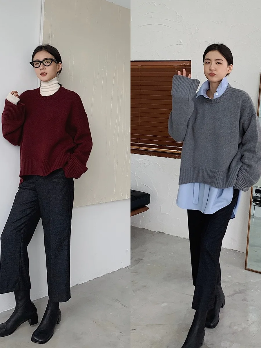 Autumn and winter new 100% pure cashmere sweater women loose  European goods crewneck knitwear