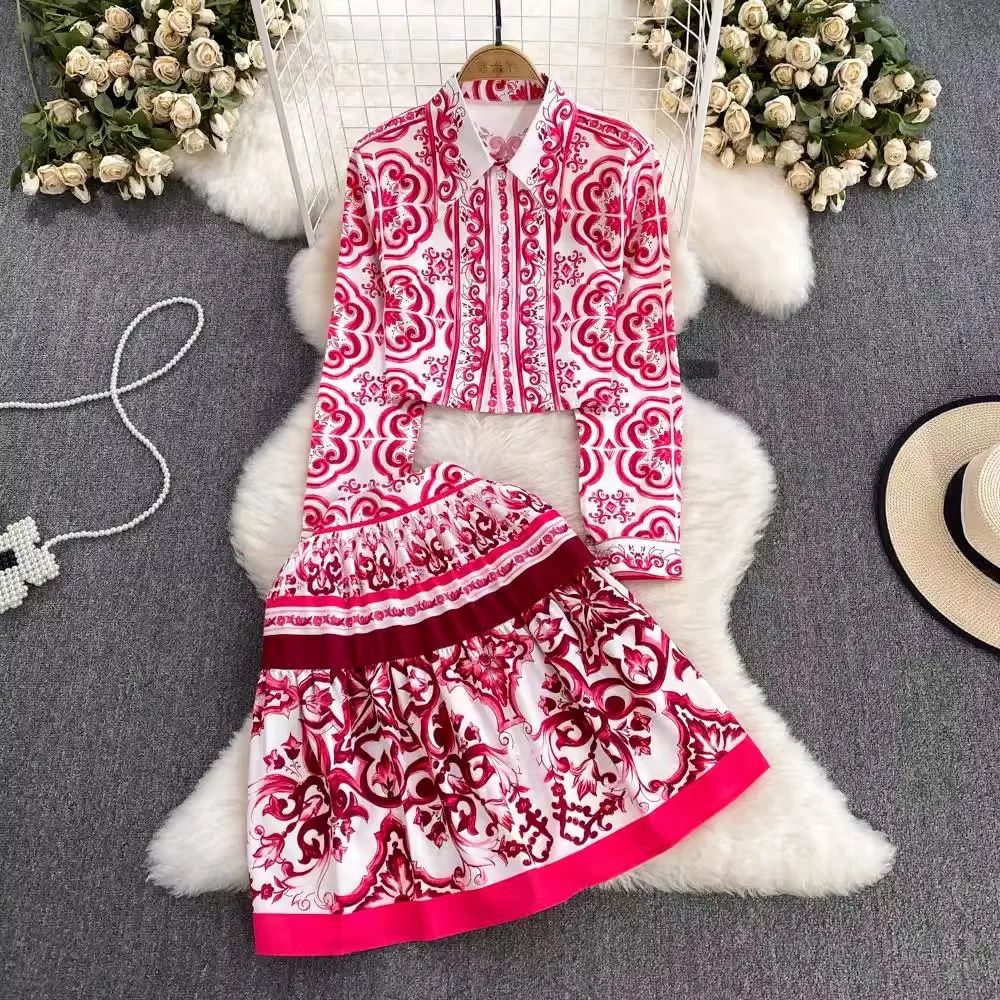 Runway Autumn Holiday Blue And White Porcelain Two Piece Set Women Lapel Long Sleeve Red Print Short Shirt + Pleated Skirt Suits