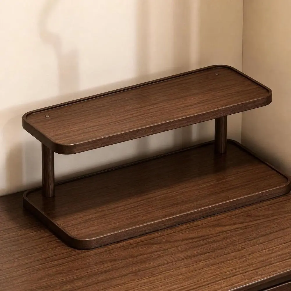 Multi-tier Corner Desktop Shelf Wood Grain Finish Rounded Edges Cup Storage Rack Tiered Structure Space Saving