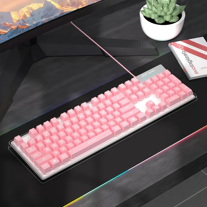 

Pink Wired Mechanical Keyboard with White Backlight 104 Keys USB Interface and Red Switches Ergonomic Design for Gaming office