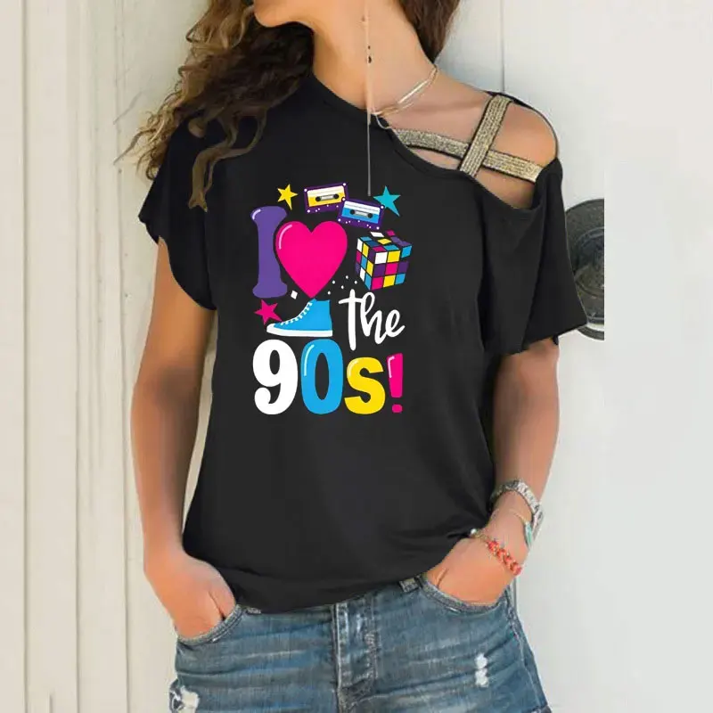 Summer Fashion Women's t shirt Sexy Off Shoulder Short Sleeve 90's Retro Feeling Graphics Prin Irregular Skew Cross Bandage Tops