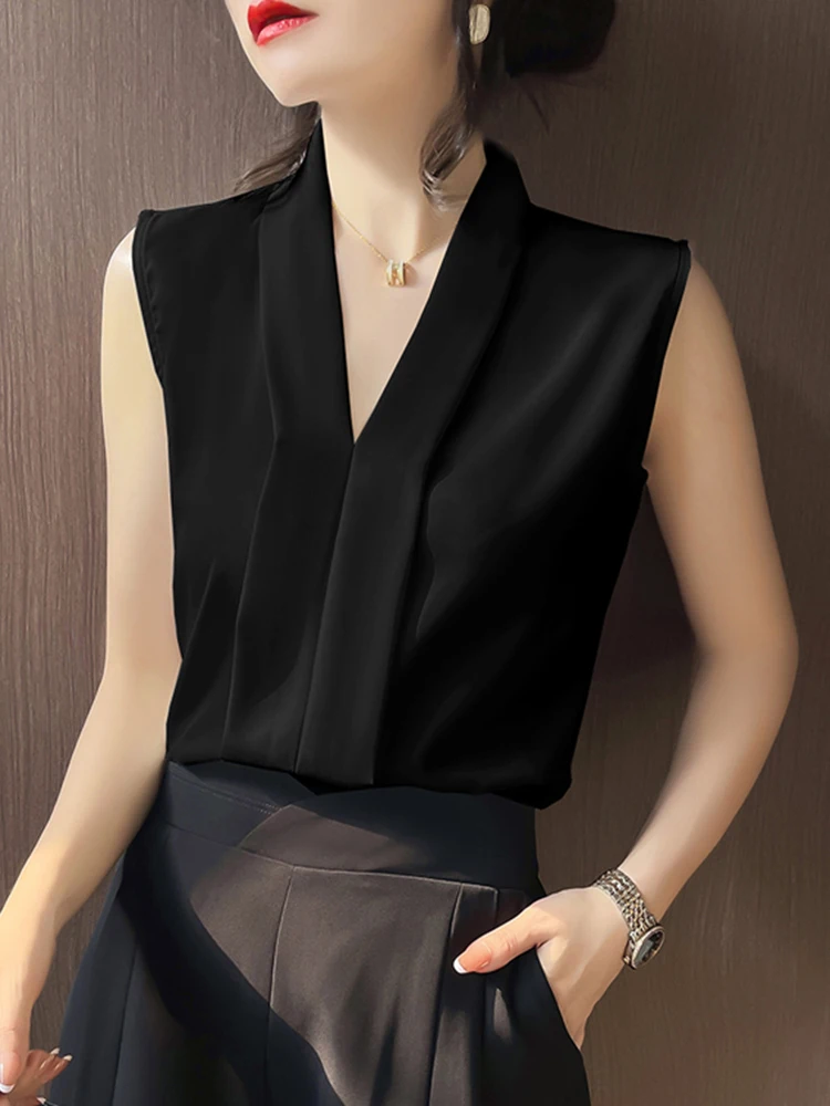 Summer Office Lady Style camicie donna senza maniche camicetta da donna camicie top eleganti Blusas Femme camicette nero bianco