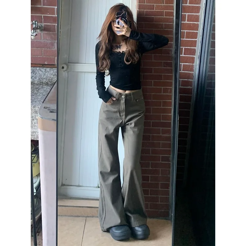 Pantalones vaqueros lavados Retro marrones para mujer, pantalones vaqueros rectos, pantalones casuales de moda, pantalones rectos de calle alta, pantalones vaqueros esenciales Y2k
