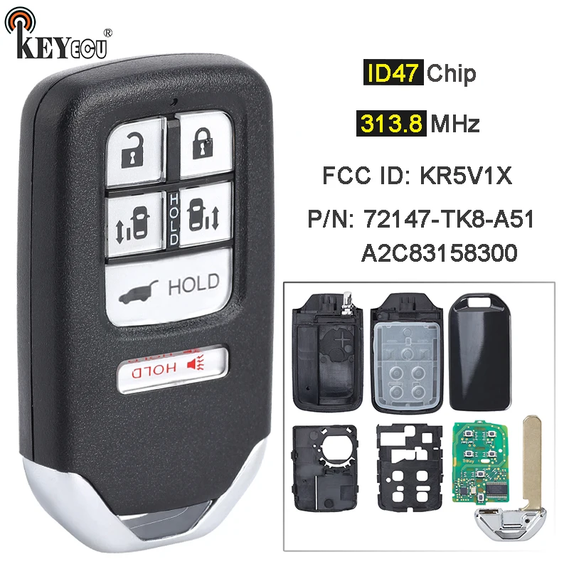 KEYECU 313.8MHz ID47 Chip FCC ID: KR5V1X A2C83158300 A2C80084300 5+1 6 Button Remote Key Fob for Honda Odyssey 2014-2017