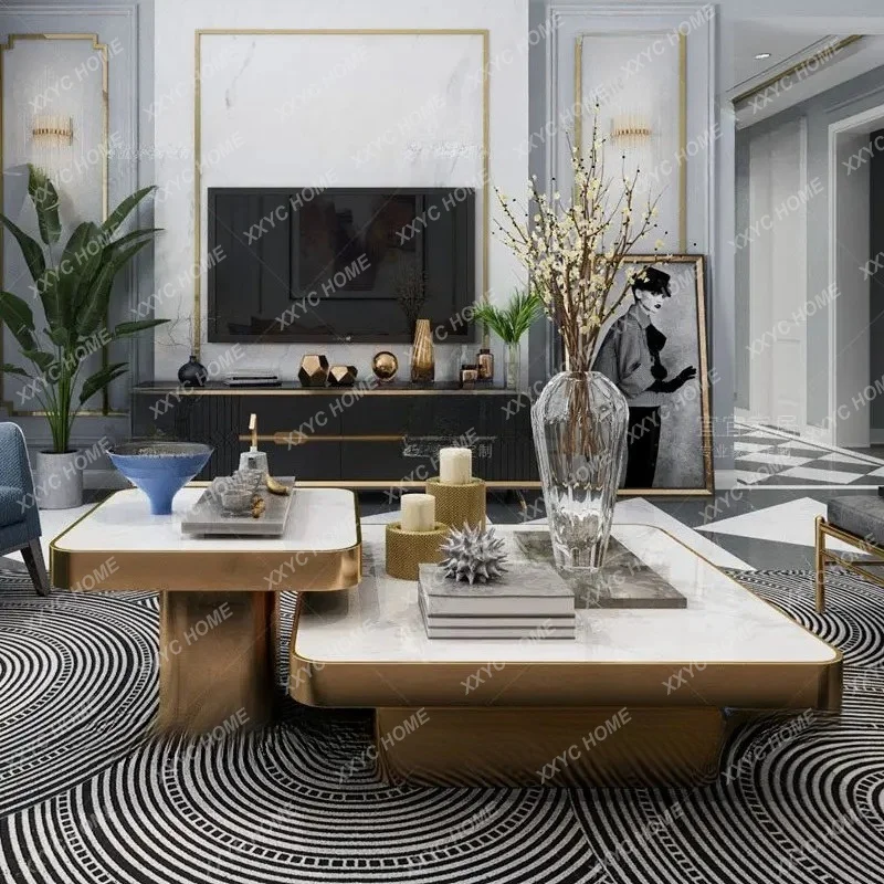

L coffee table combination light luxury living room stainless steel square table