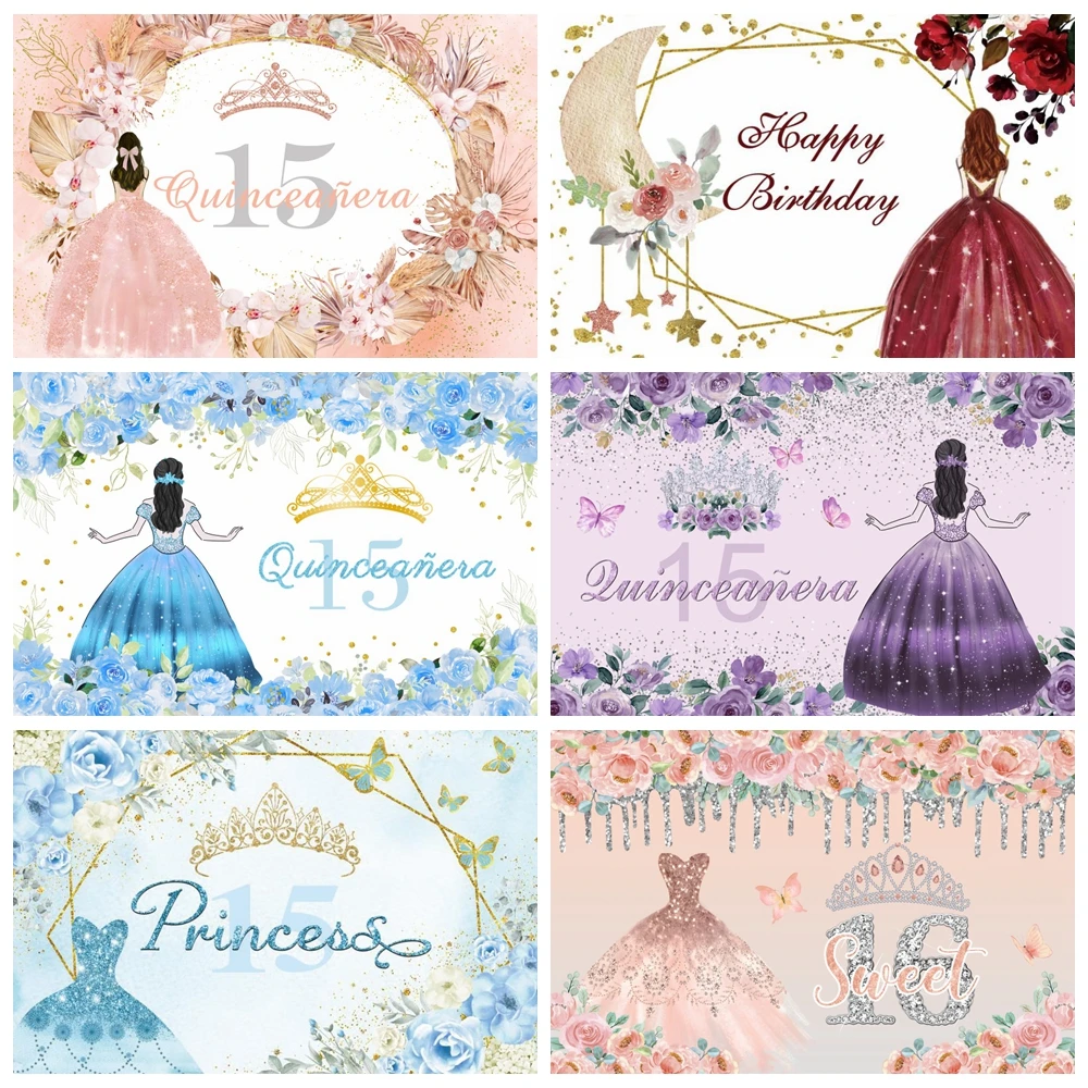 

Girls Birthday Party Backdrop Photography Backdrop Boho Flowers Crown Princess Sweet Birthday Customized Poster Photo Background