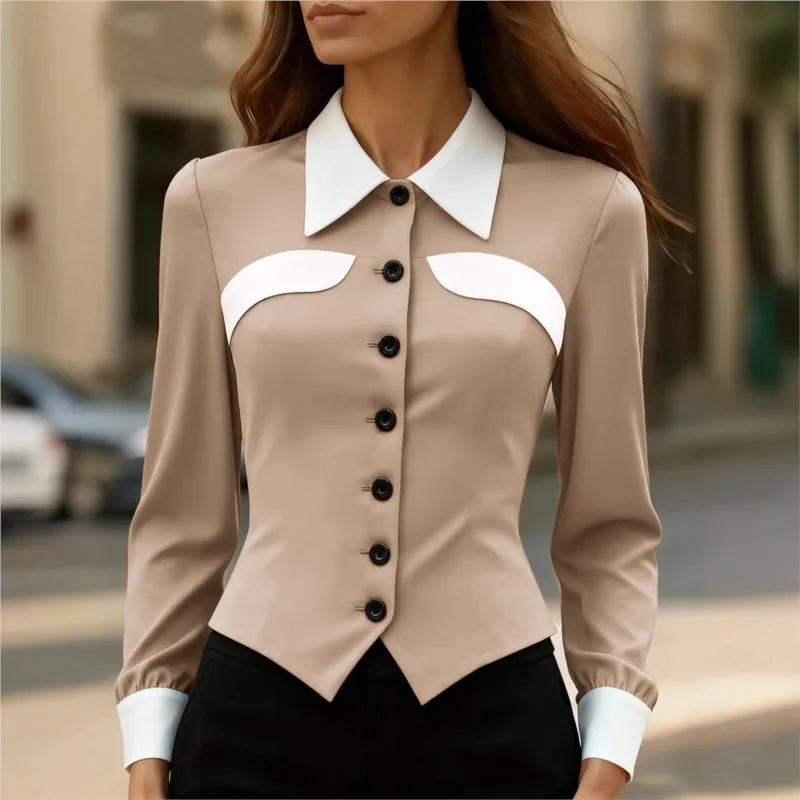 

Women's Blouses Fashion Commuting Contrast Color Splicing Slim Fit Versatile Slim Long Sleeve Shirt For Women Clothing 2026 New