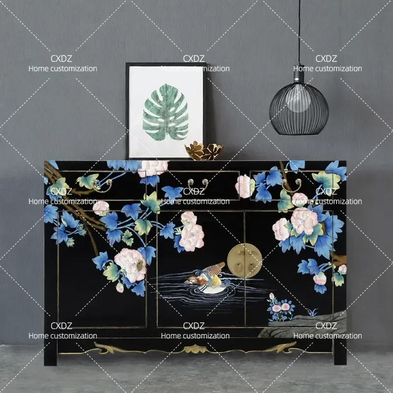 Solid Wood Shoe Cabinet Hand Painted Foyer Entrance Storage Partition Hall Decorative Furnishings