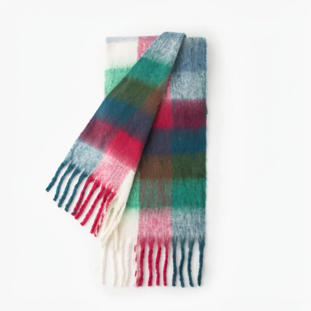 Winter Warm Plaid Scarf Mohair Boucle Wrap Soft Thickened Tassel Shawl Elegant Fashion Pashmina Trendy Casual Neck Decor