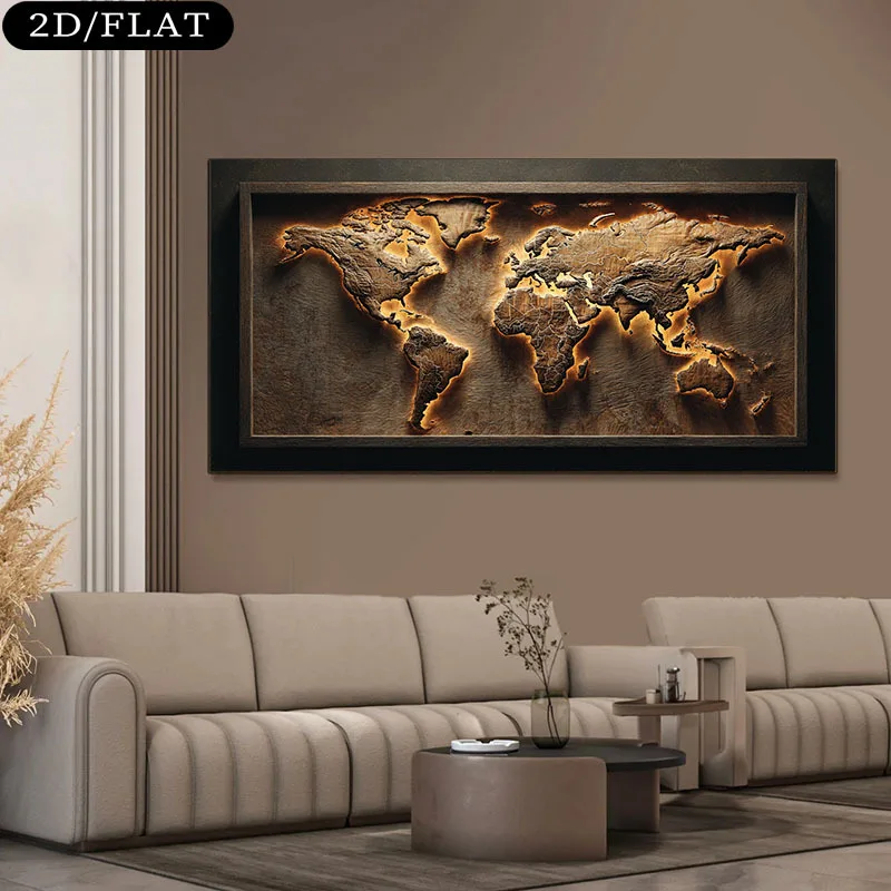 2D/Flat Extra Large Modern World Map Canvas Wall Art - Noframed Golden Earth Globe Wall Decor for Living,Bedroom,Office and Home