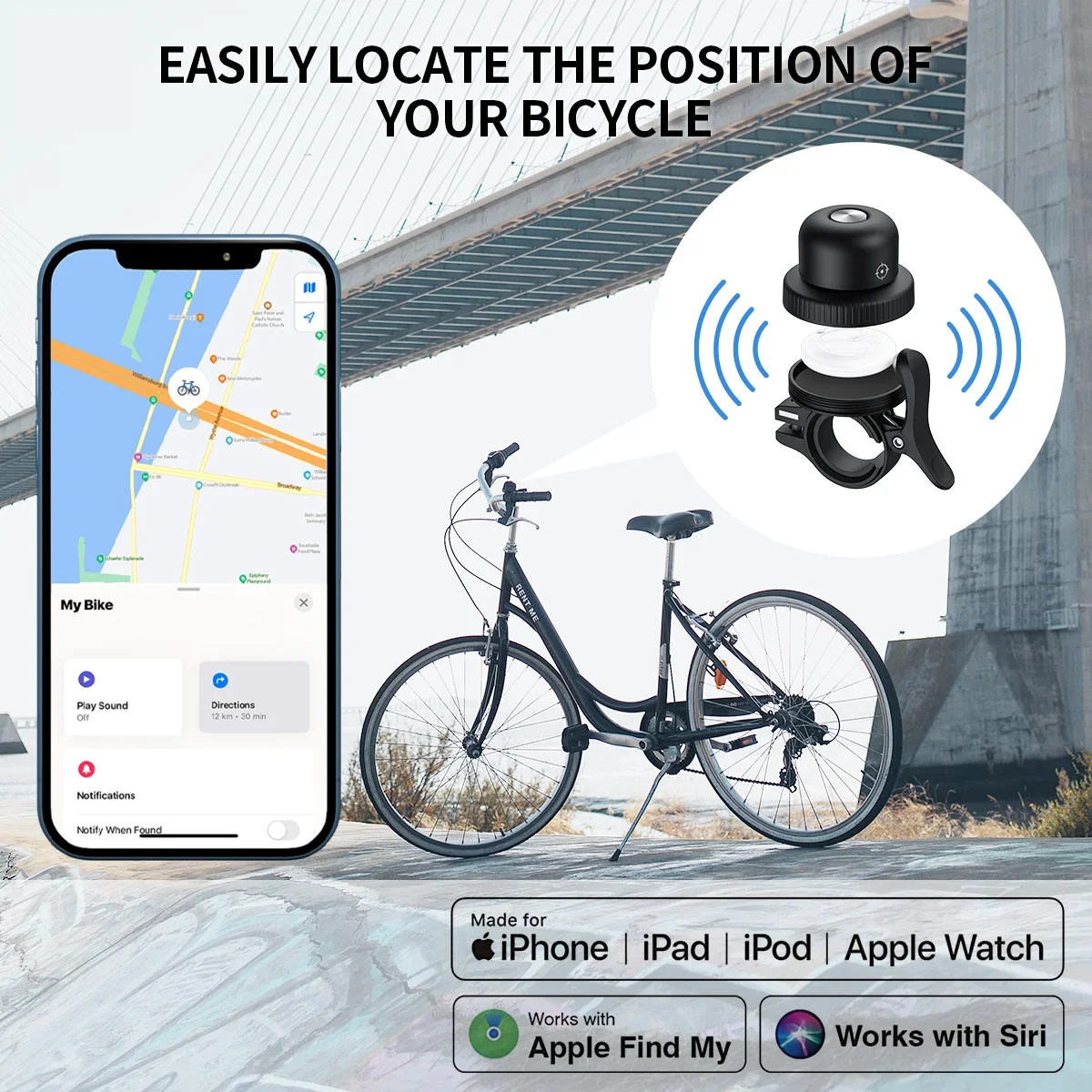 xiaomi Bicycle Bell with built-in item finder Alloy Brackets ipx6 MFi Certified GPS Locator Tracker Anti-loss for ios Android