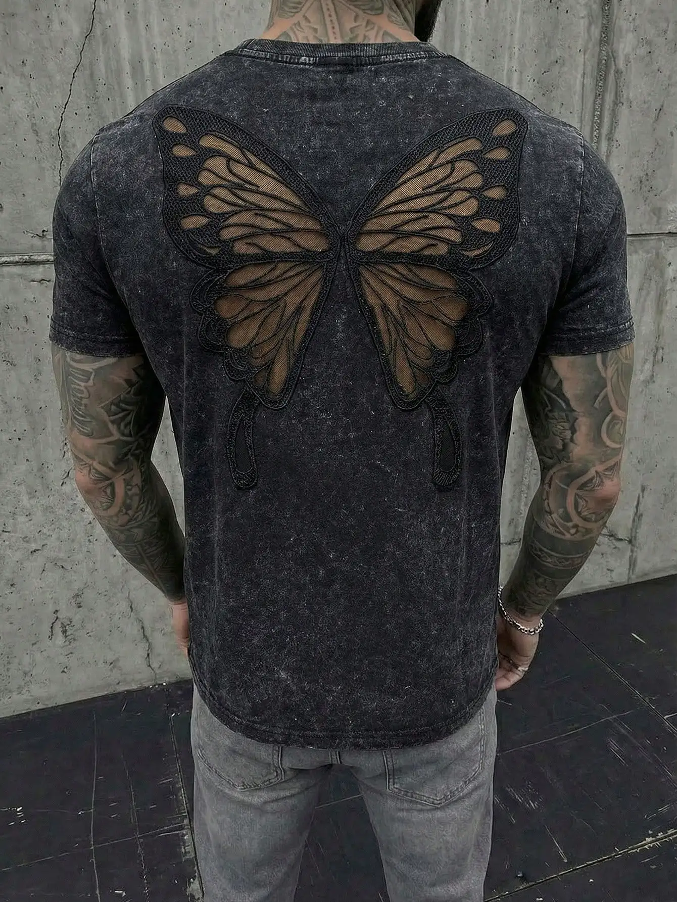 Men's Distressed Black T-Shirt with Sheer Butterfly Wing Back Design
