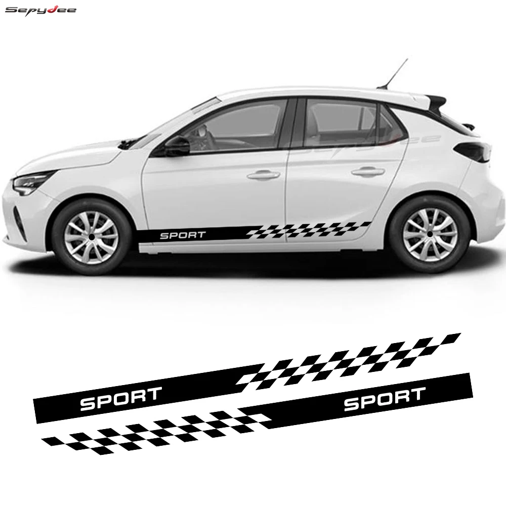 

2Pcs Racing Sport Car Door Side Skirt Sticker Checkered Graphics Stripes Vinyl Film Decals For Opel Corsa C E D F Accessories
