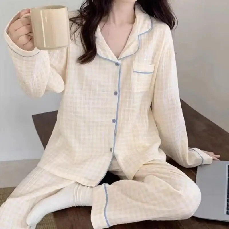 Ensemble de costume de maison ample, Cardigan en tissu crêpe à bulles, pantalon à manches longues, dessin animé étudiant décontracté, 2 pièces, vêtements pour femmes deux