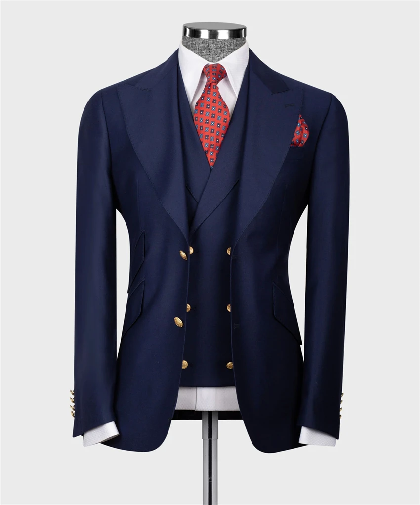 

Peak Lapel Navy Blue Men's Suits for Wedding Groom Wear Slim Fit 3PCS Blazer Vest Pants Formal Business Office Male Suit