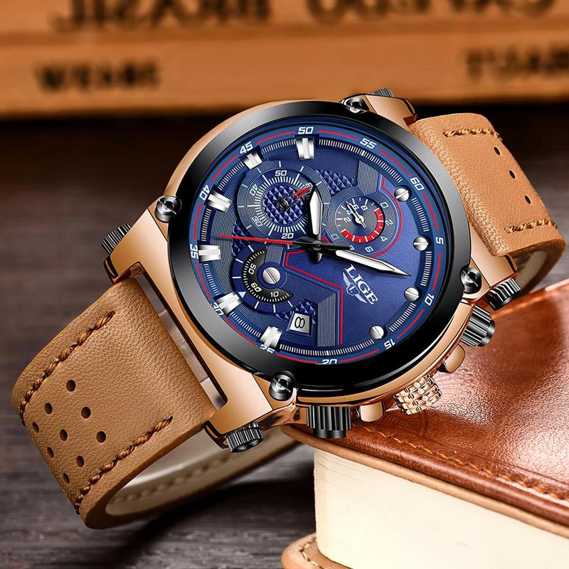 LIGE Mens Watch Top Brand Luxury Quartz Wristwatch Military Watches Men Casual Leather Waterproof Sport Clock Relogios Masculino