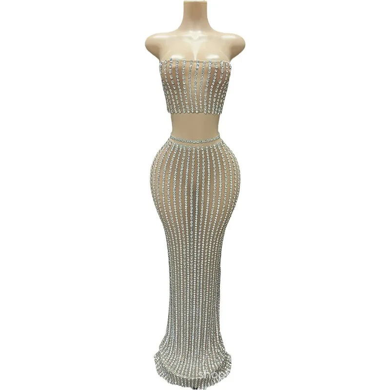 Autumn New Sexy Tube Top Temperament Evening Wear Company Annual Meeting Model Catwalk Seaside Vacation Fashion Two-piece Set