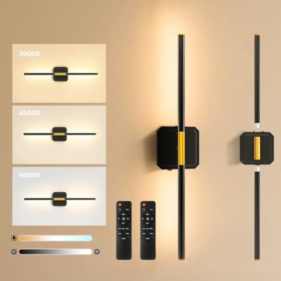 

Battery Operated Wall Sconces Set of 2, Detachable 360°Rotate Wall Lamps, 3000-6500K Dimmable with Remote Control, 10000mAh Rec