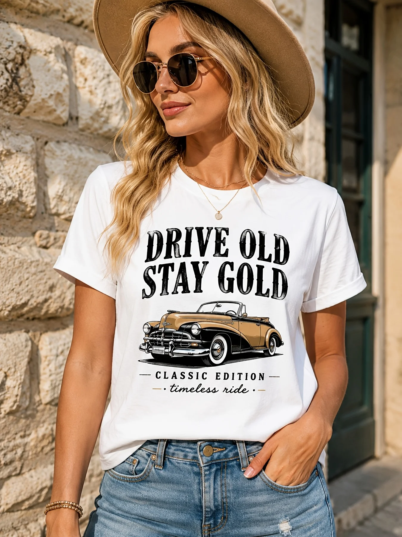 Drive Old Stay Golden Classic Edition T-Shirt Women's Trendy Crew Neck Short Sleeve Graphic Tees Tops Y2k Clothes Outfit Female