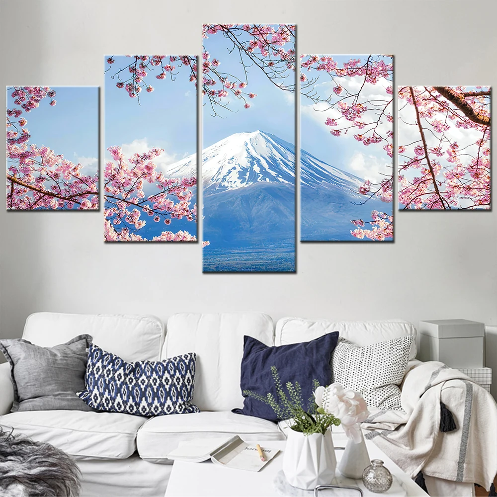 5 Panel Canvas Art Wall Decor Painting Fuji Mountain Sakura Landscape Painting Picture Modern Home Decoration Poster Framework