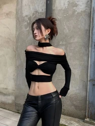 Autumn Harajuku Vintage Hollow Out  Crop T-shirts Streetwear Halter Y2k Aesthetic Slim Fit Tshirts Women Grunge Sexy Solid Tops