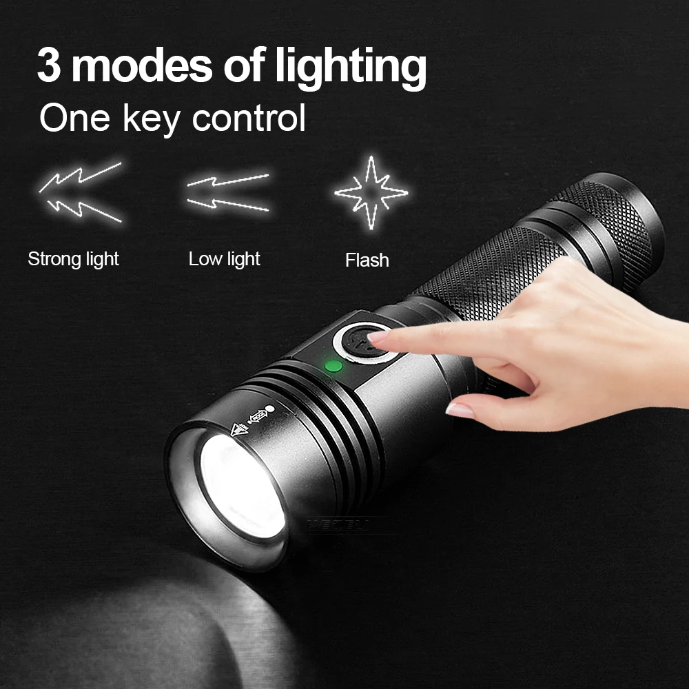 Super Bright USB High Power Rechargeable LED Flashlight XHP50 LED Zoom Torch Portable Lantern 4 Modes Home Outdoor Hand Lamp