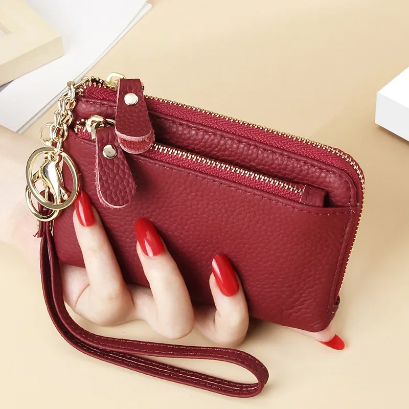 URBAN MASTER Fashion Short Wallet for Women Genuine Cow Leather Cute Clutch Bag Zipper Coin Purse Card Holder with Key Chain