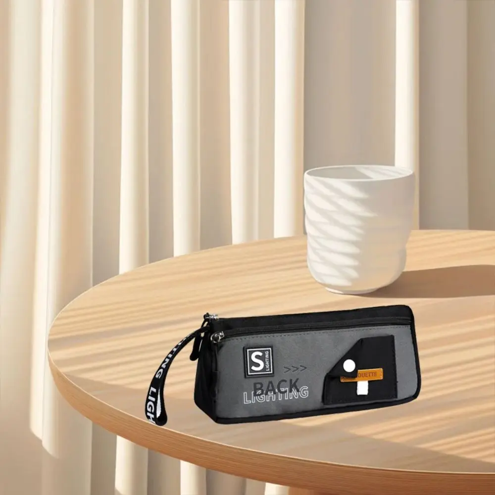 Canvas Storage Pencil Bag Organizer Color Blocked Double-Layer Pen Case Large Capacity Korean Style Cartoon Pencil Cases