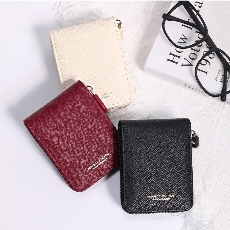 Carteira de couro com zíper couro pu pequena bolsa de moedas carteira feminina compacta multi slot titular do cartão para viagens estudantes presente