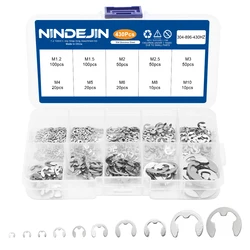 NINDEJIN E-클립 모음 키트, M1.2-M10 스테인리스 스틸, 탄소강 스냅 링 와셔, E-모양 외부 고정 링, 430pcs