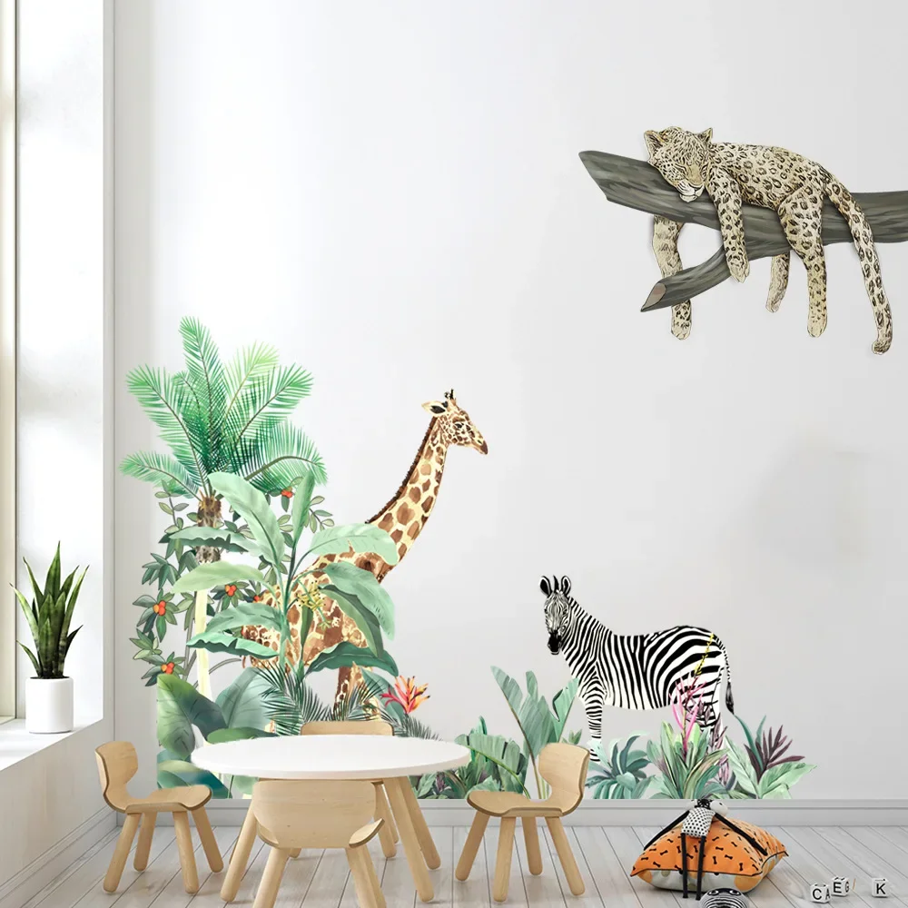 Jungle Animals Wall Stickers for Children Kids Rooms Boys Large Safari Room Bedroom Decoration Elephant Giraffe Zebra Wallpaper