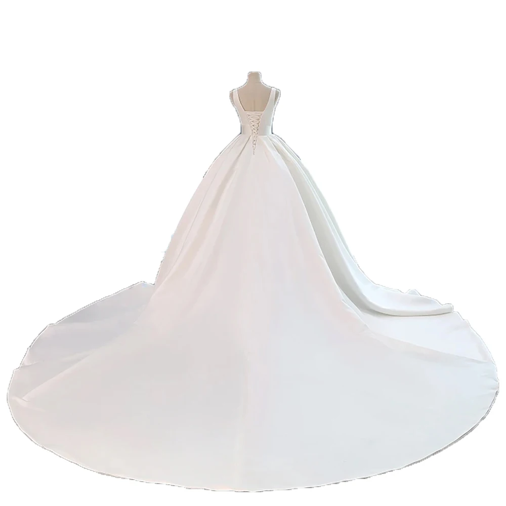 Elegant White Satin Wedding Gown With V-Neck Halter Sleeveless Train Dress Halter Up Ball Gown